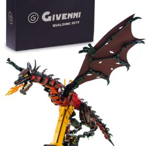 Givenni Fire Dragon Building Set with Display Stand - Smaug 1359 PCS Construction Building Bricks Model for Teen and Adults（New 2024）