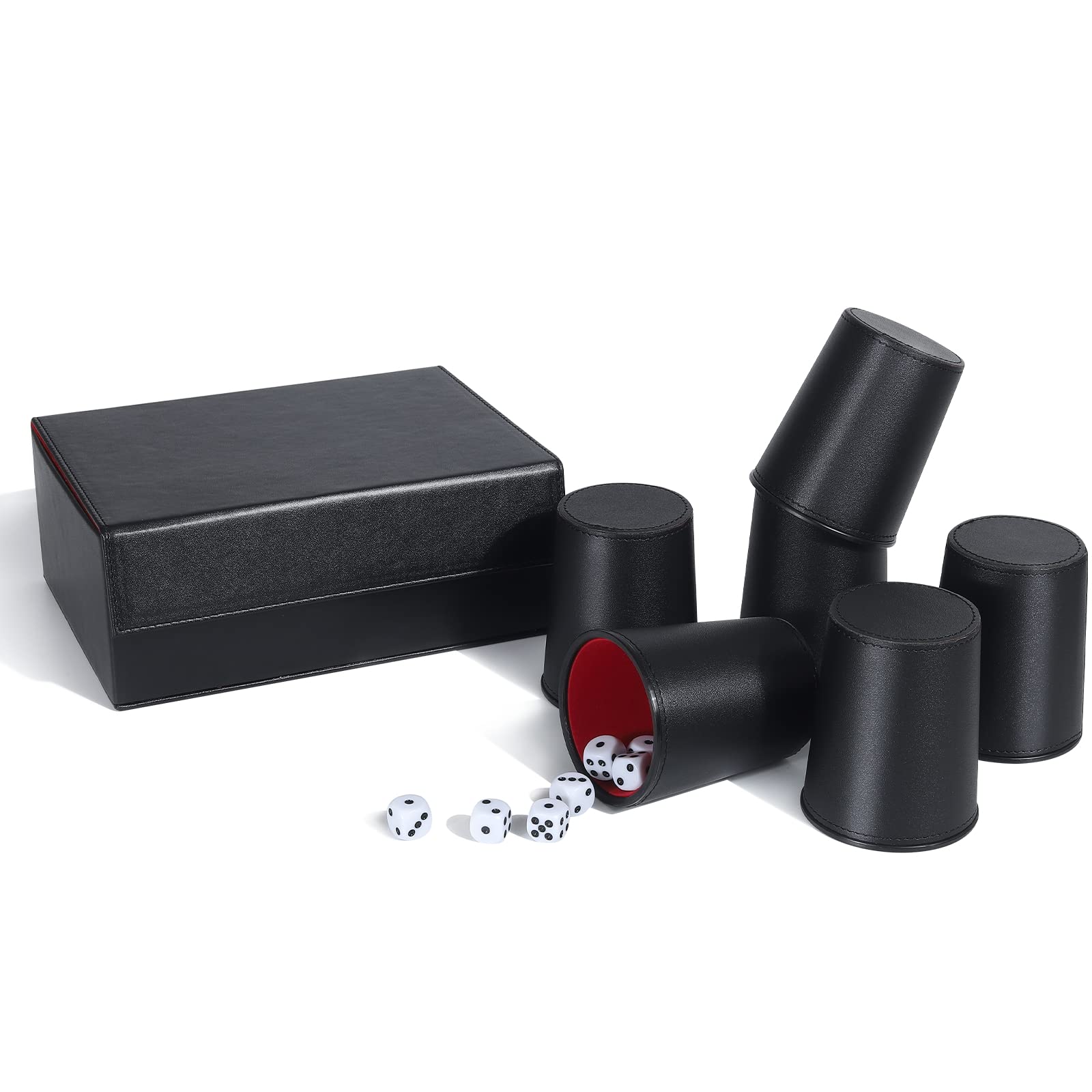 Leather Dice Cup Set, 6 Leather Dice Cups+30 Dice+1 Folding Tray Exclusive Storage and Transport Case Made of Faux Leather with Magnetic Closure