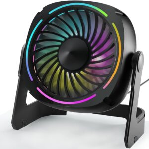 punoge small usb desk fan - 5.3 inch portable table fan with 3 levels air flow, 8 color led lights, 360° rotation, quiet mini personal fan for home office desktop