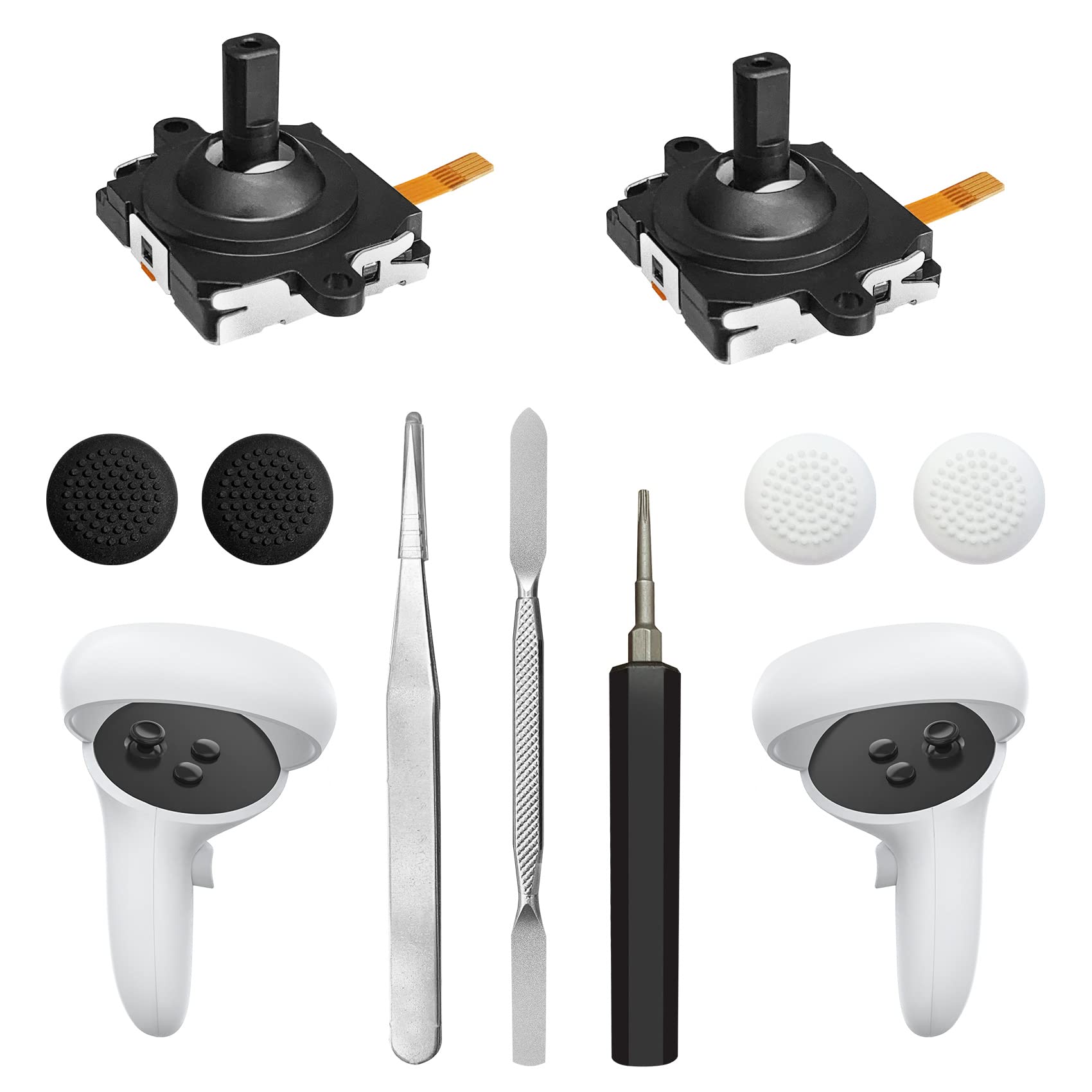 Joystick Replacement Kit for Oculus Quest 2 Controller(11 in one), Repair Kit Accessories for Meta Quest 2 Controller, Include 2 Thumb Sticks, T5 Screwdriver, Tweezer, Pry Tool, 4 Thumbstick Grips