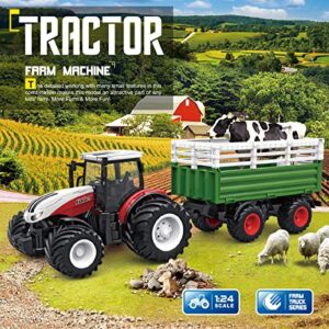 fisca Remote Control Tractor Toy RC Farm Tractor Set with Trailer Front Forklift, 1/24 Scale 2.4Ghz Electronic Tractor Farm Truck Vehicle Toy with Light for Kids Age 6, 7, 8, 9 and Up Years Old