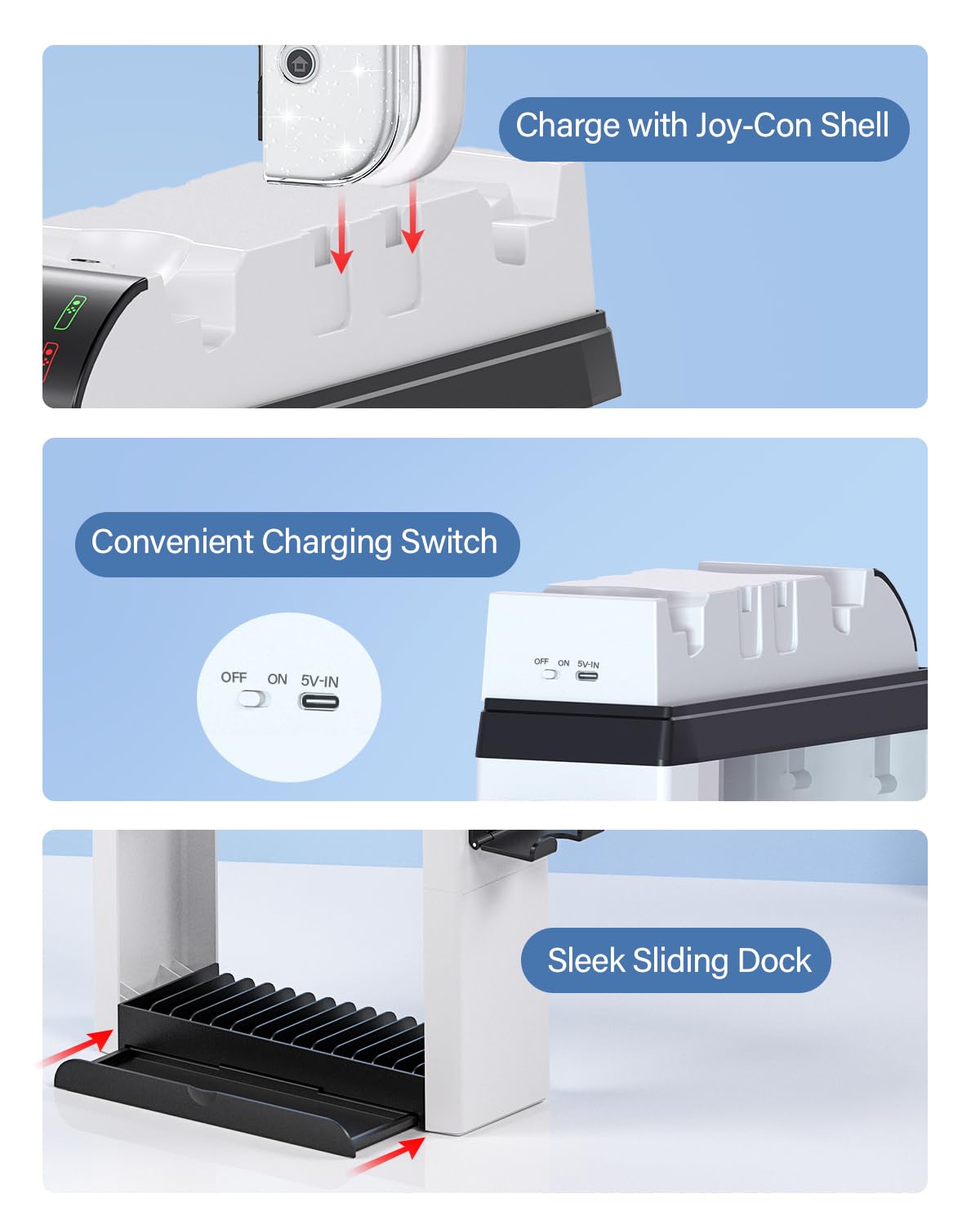 Switch Games Organizer Holder and Charging Dock for Nintendo Switch & Switch OLED Joy-Cons/Original Switch Pro Controller - Nargos Switch Storage Rack Stand Accessories kit