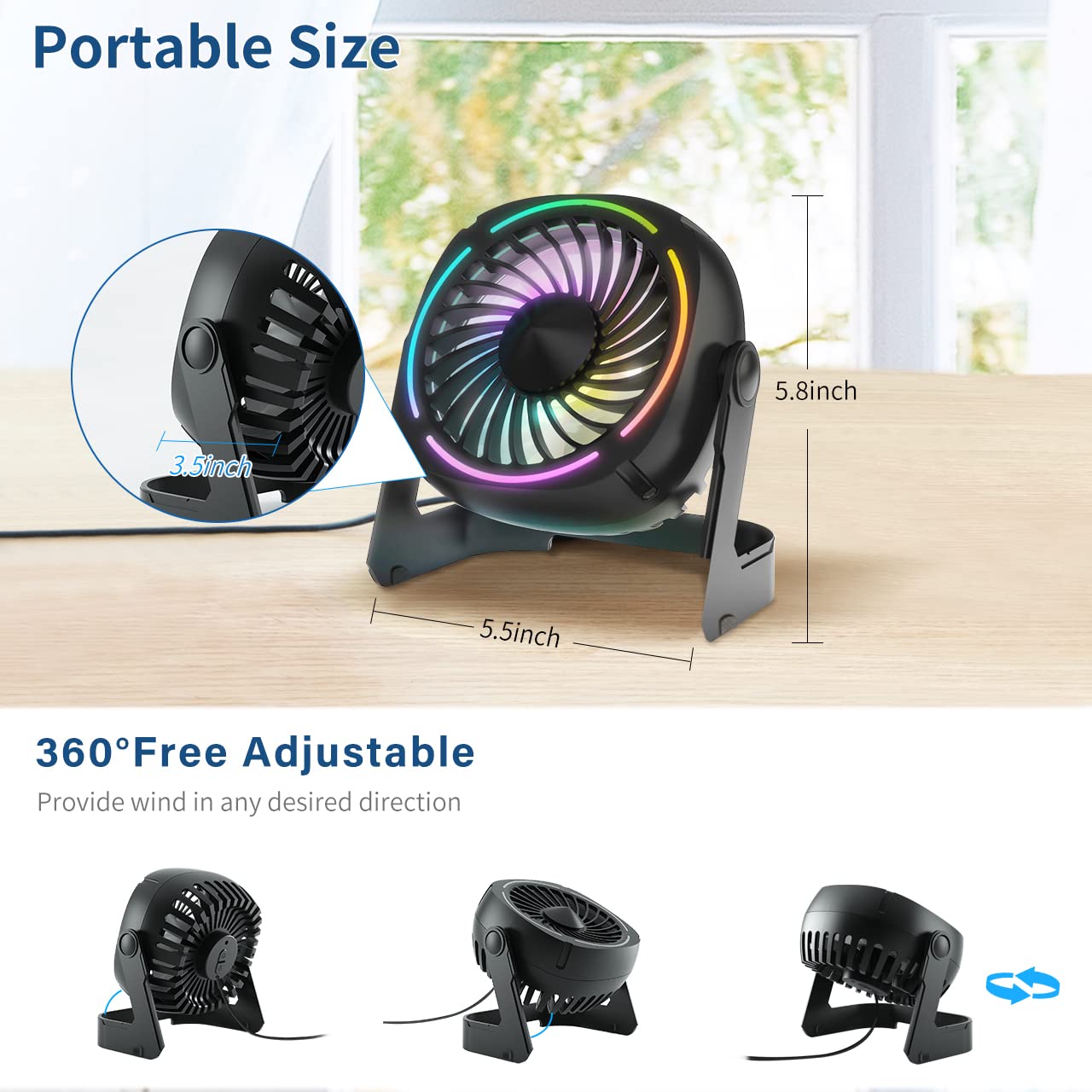 Punoge Small USB Desk Fan - 5.3 Inch Portable Table Fan with 3 Levels Air Flow, 8 Color LED Lights, 360° Rotation, Quiet Mini Personal Fan for Home Office Desktop