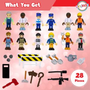 Playkidiz 12 Toy Action Figures & Accessories, 2 Inch Play People Construction and Community Worker Figurines - Pretend Play Toys for Kids 3+ (28Pcs)