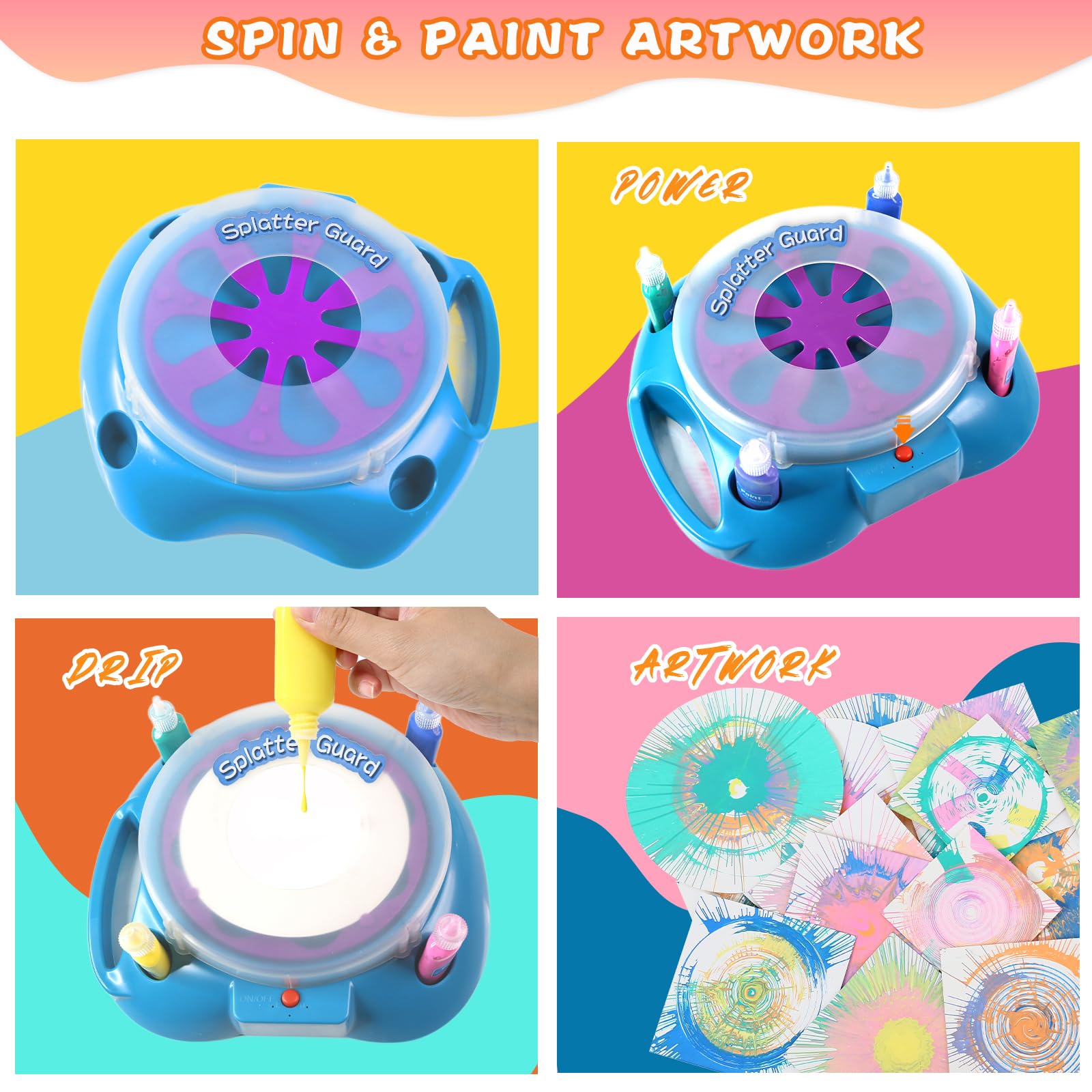 Spin Art Machine Variable Speed, Battery Operated Spinner - Paint Spinner with Splatter Guard, Washable Paint, Spin Art Kit, Art Design Card, Stem Toys, Kid Arts and Crafts, Girls Boys