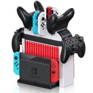 switch games organizer holder and charging dock for nintendo switch & switch oled joy-cons/original switch pro controller - nargos switch storage rack stand accessories kit