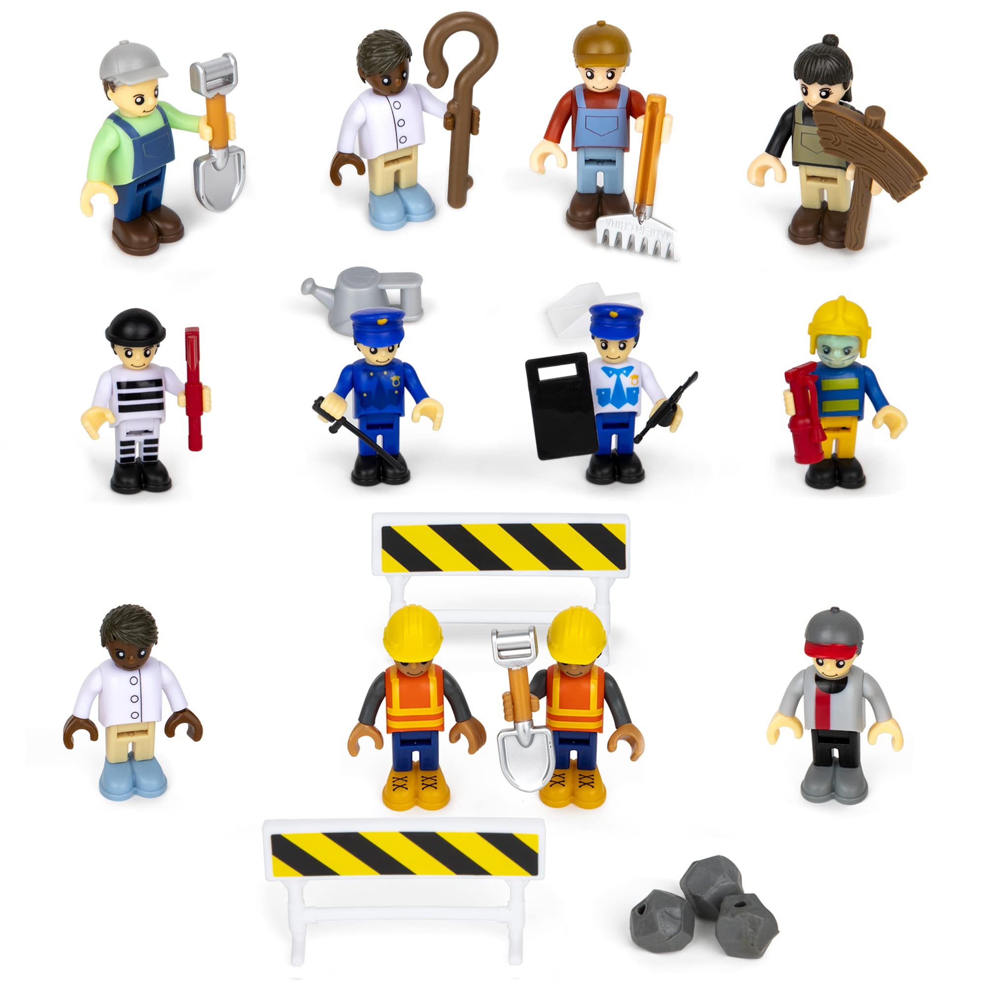 Playkidiz 12 Toy Action Figures & Accessories, 2 Inch Play People Construction and Community Worker Figurines - Pretend Play Toys for Kids 3+ (28Pcs)