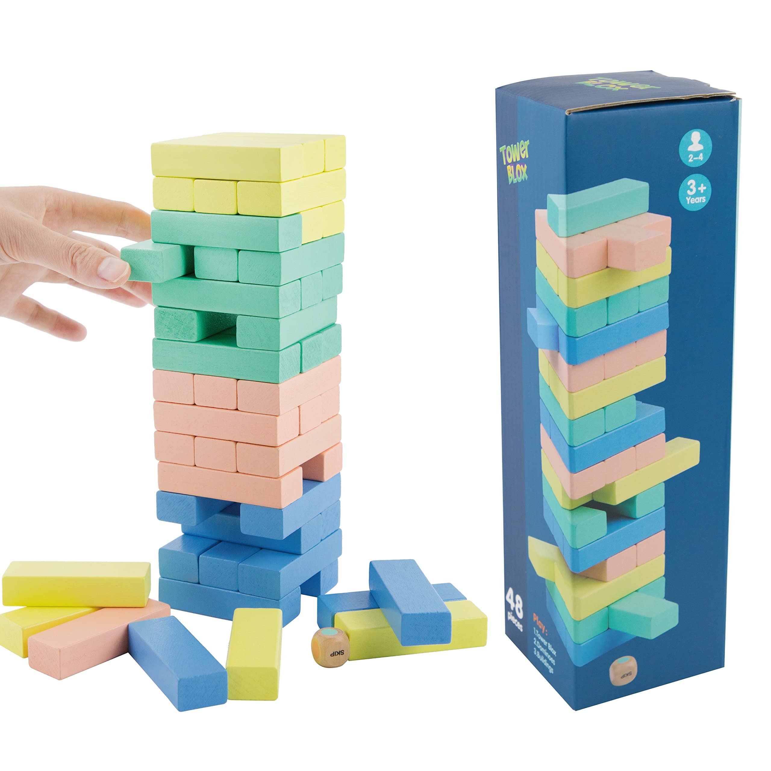 Evmark Toys & Games Tower Blox - 50 pcs Pastel Color Tumbling Blocks Game for Kids and Families, Colorful Dominoes, Wood Balancing Blocks Montessori Toy