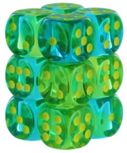 gemini dice block | set of 12 size d6 dice | designed for board games, roleplaying games & miniature games | premium quality 16 mm | translucent green-teal yellow color | made by chessex