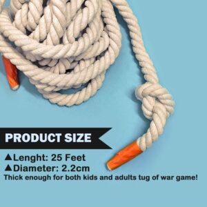 25Ft Tug of War Rope for Field Day, Natural Cotton Tug of War Rope for Kids and Adults Tug of War Rope for Family Reunion, Party Games, Summer Campe, Camping Games, Outdoor Games, Team Building