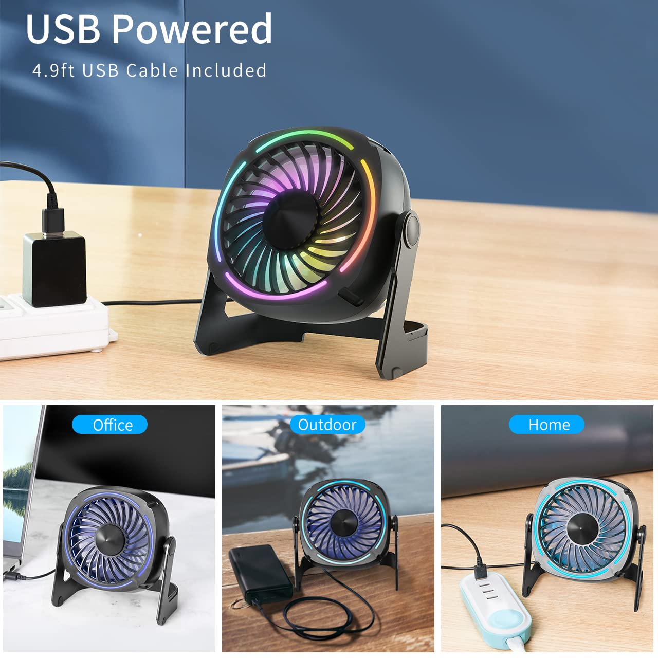 Punoge Small USB Desk Fan - 5.3 Inch Portable Table Fan with 3 Levels Air Flow, 8 Color LED Lights, 360° Rotation, Quiet Mini Personal Fan for Home Office Desktop