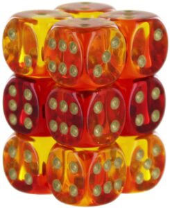 gemini dice block | set of 12 size d6 dice designed for board games, roleplaying games and miniature games | premium quality 16 mm dice | translucent red, yellow and gold color | made by chessex