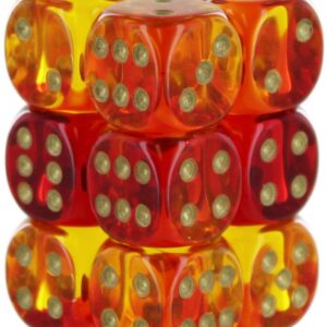 Gemini Dice Block | Set of 12 Size D6 Dice Designed for Board Games, Roleplaying Games and Miniature Games | Premium Quality 16 mm Dice | Translucent Red, Yellow and Gold Color | Made by Chessex