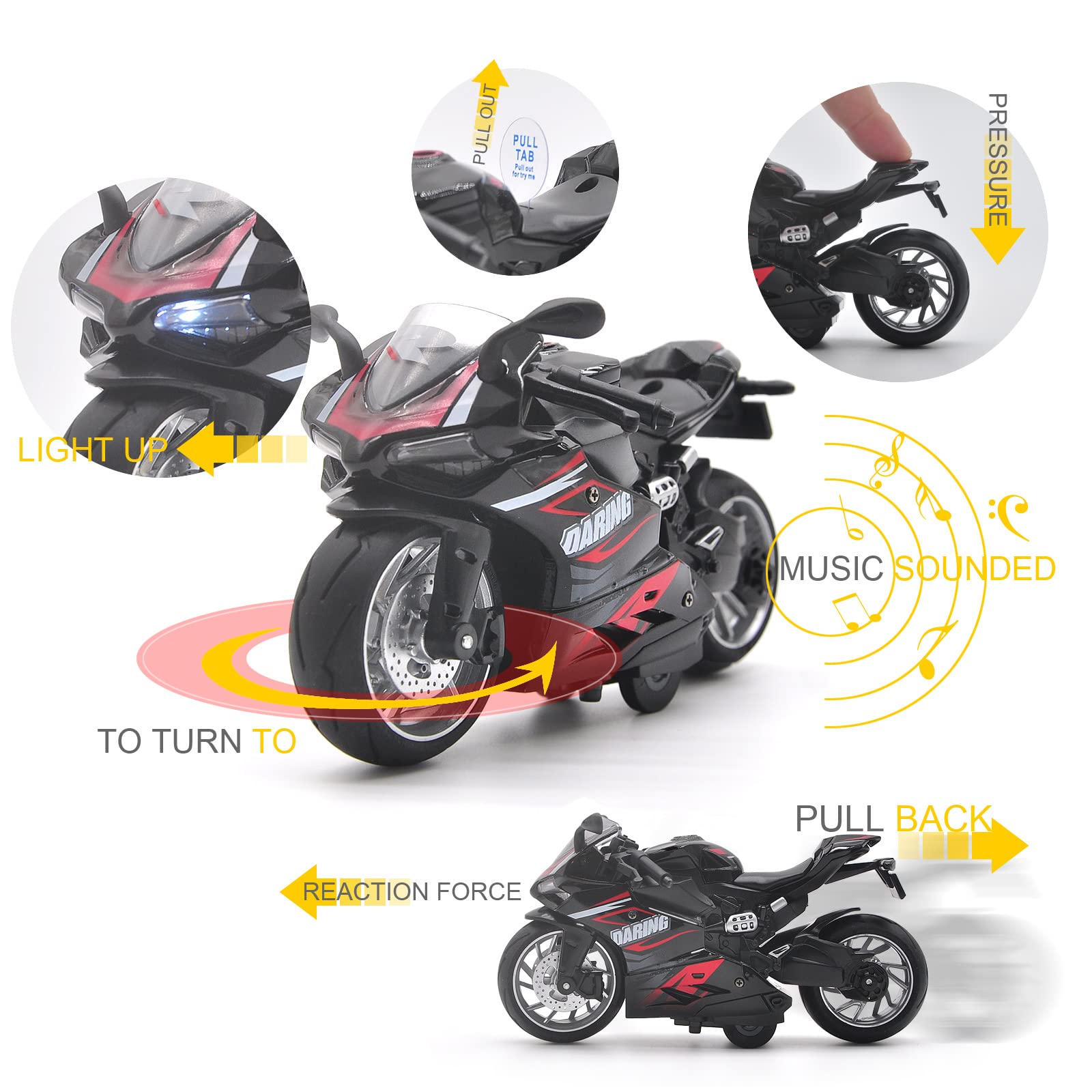 Toy Motorcycle,Pull Back Motorcycle Toy with Sounds and Lights ,1:12 Scale Motorcycle Model Toy for Kids, Pull Back Vehicle for Age 3+ Year Old Birthday Christmas Party Supplies (Black)