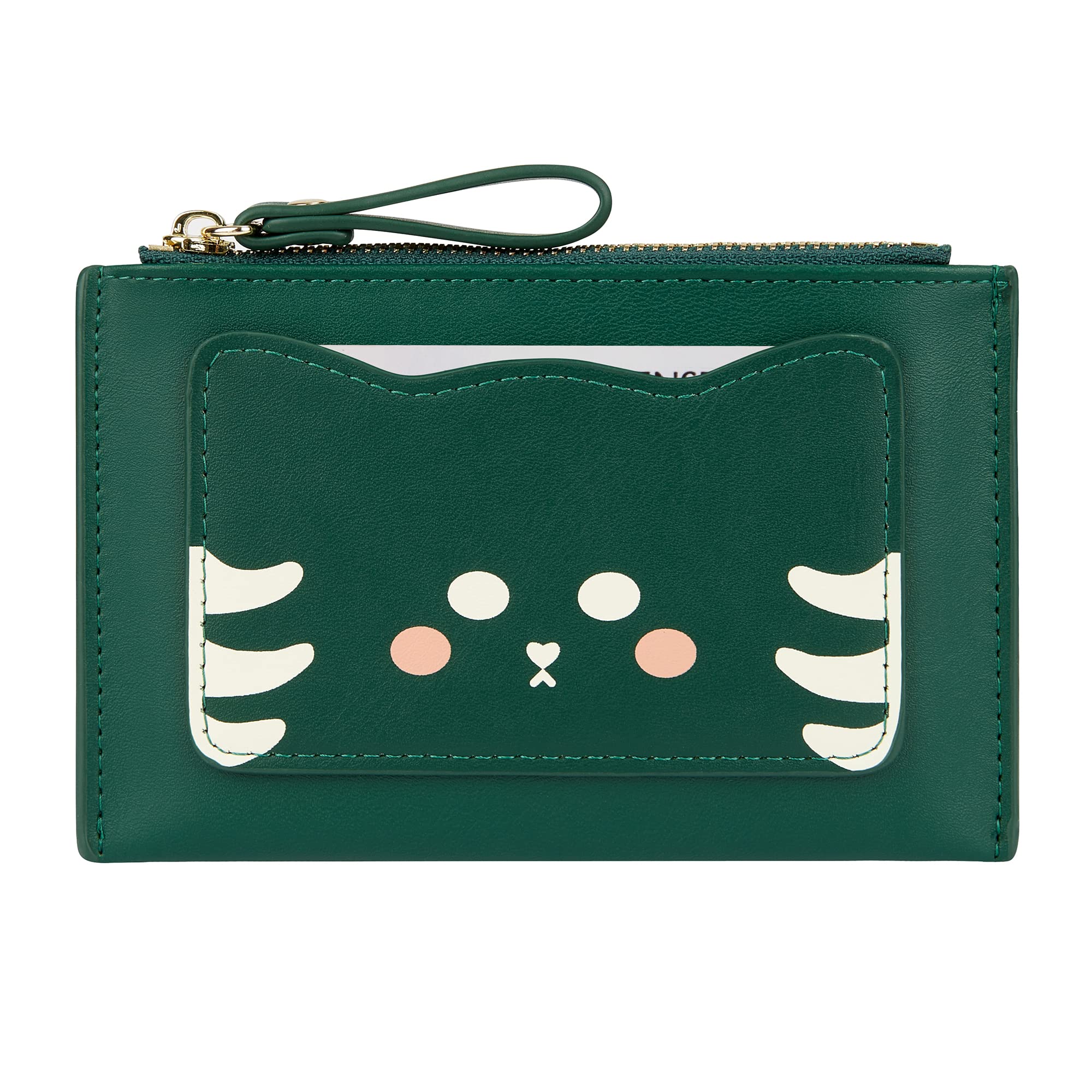 Women's Leather Slim Minimalist Card Holder Case Cute Small Zipper Coin Change Wallet, Green