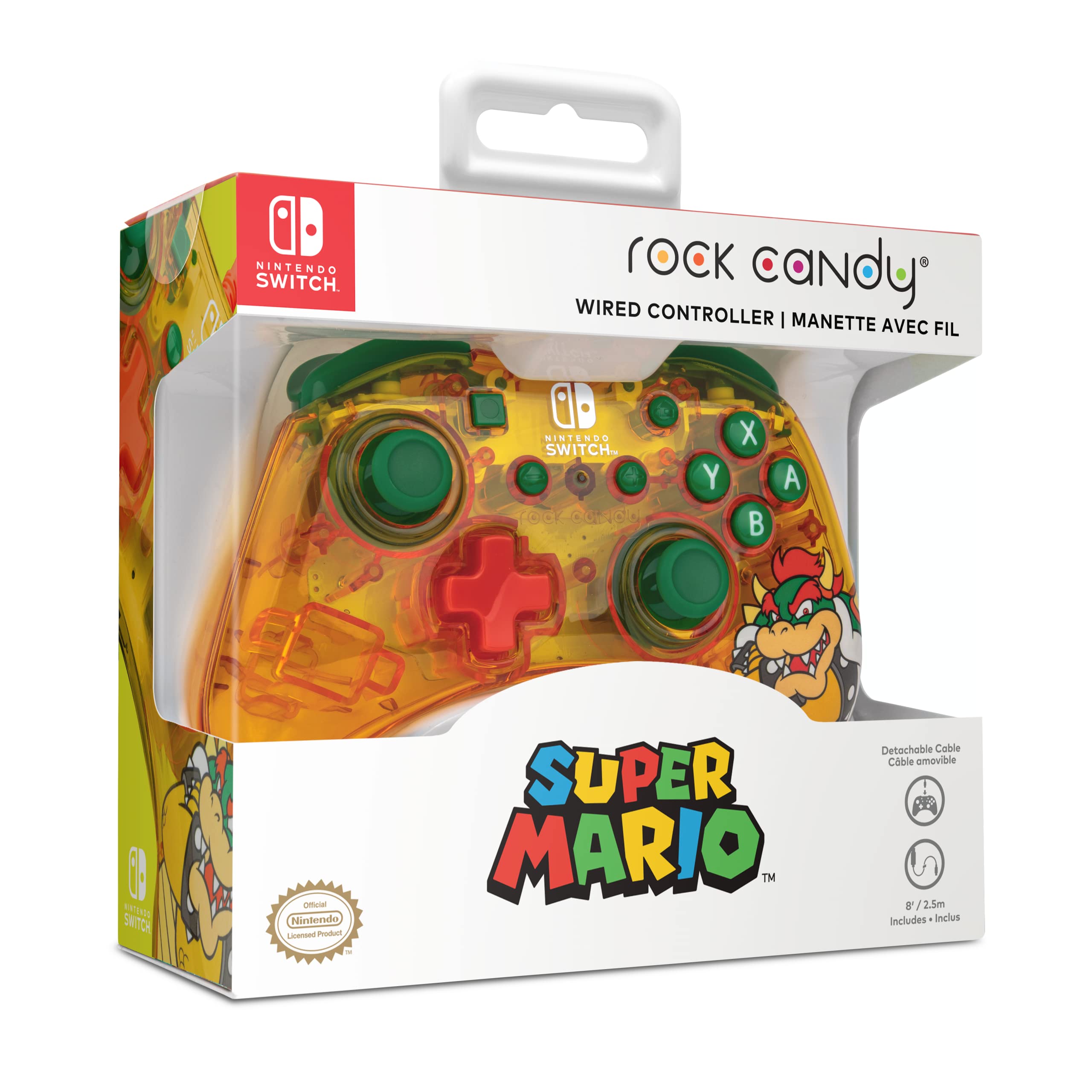 PDP Gaming Rock Candy Wired Power Nintendo Switch Pro Controller, Officially Licensed Lite/OLED Compatible Gamepad, Super Mario Brothers - Lemon Bomb Bowser (Orange/Green)