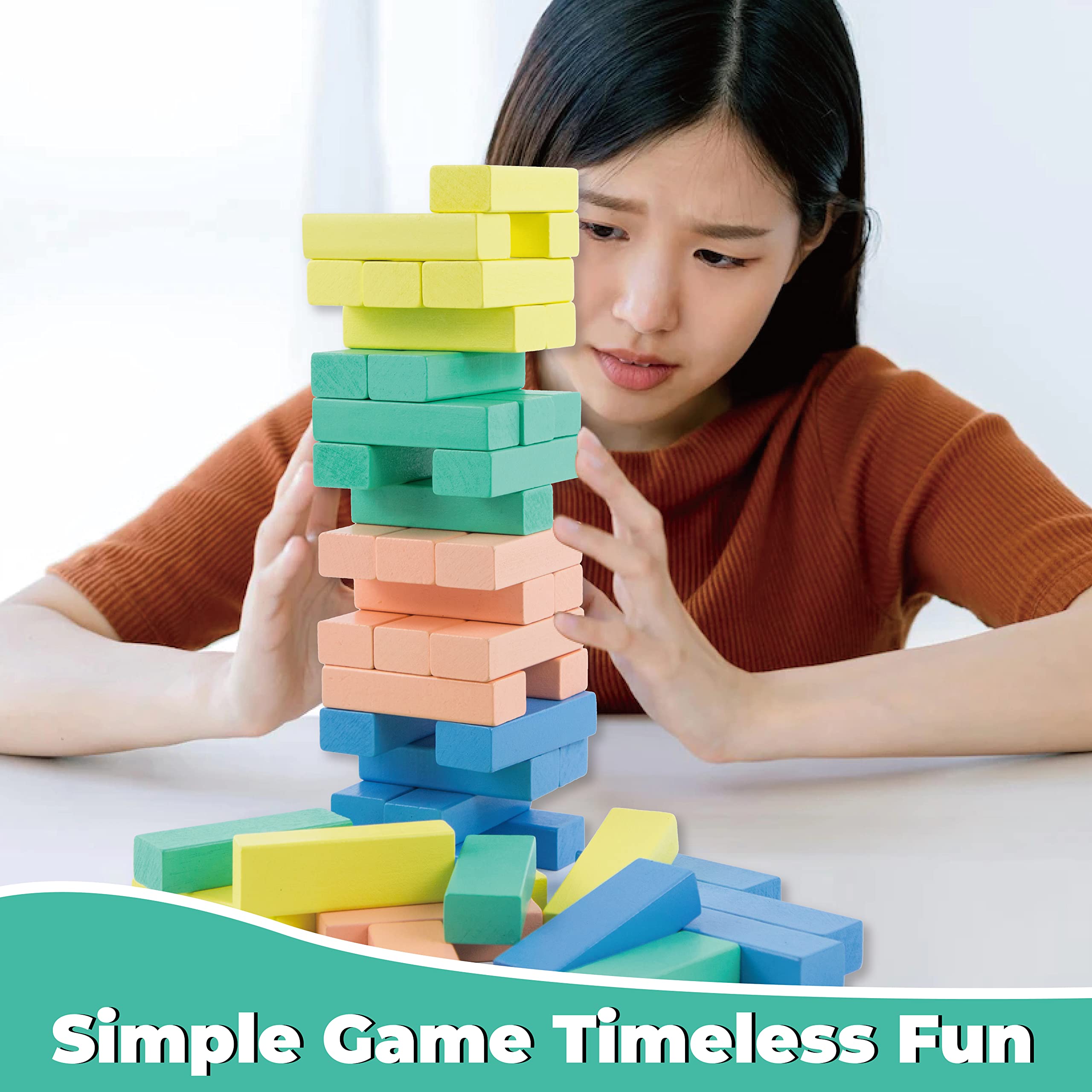 Evmark Toys & Games Tower Blox - 50 pcs Pastel Color Tumbling Blocks Game for Kids and Families, Colorful Dominoes, Wood Balancing Blocks Montessori Toy