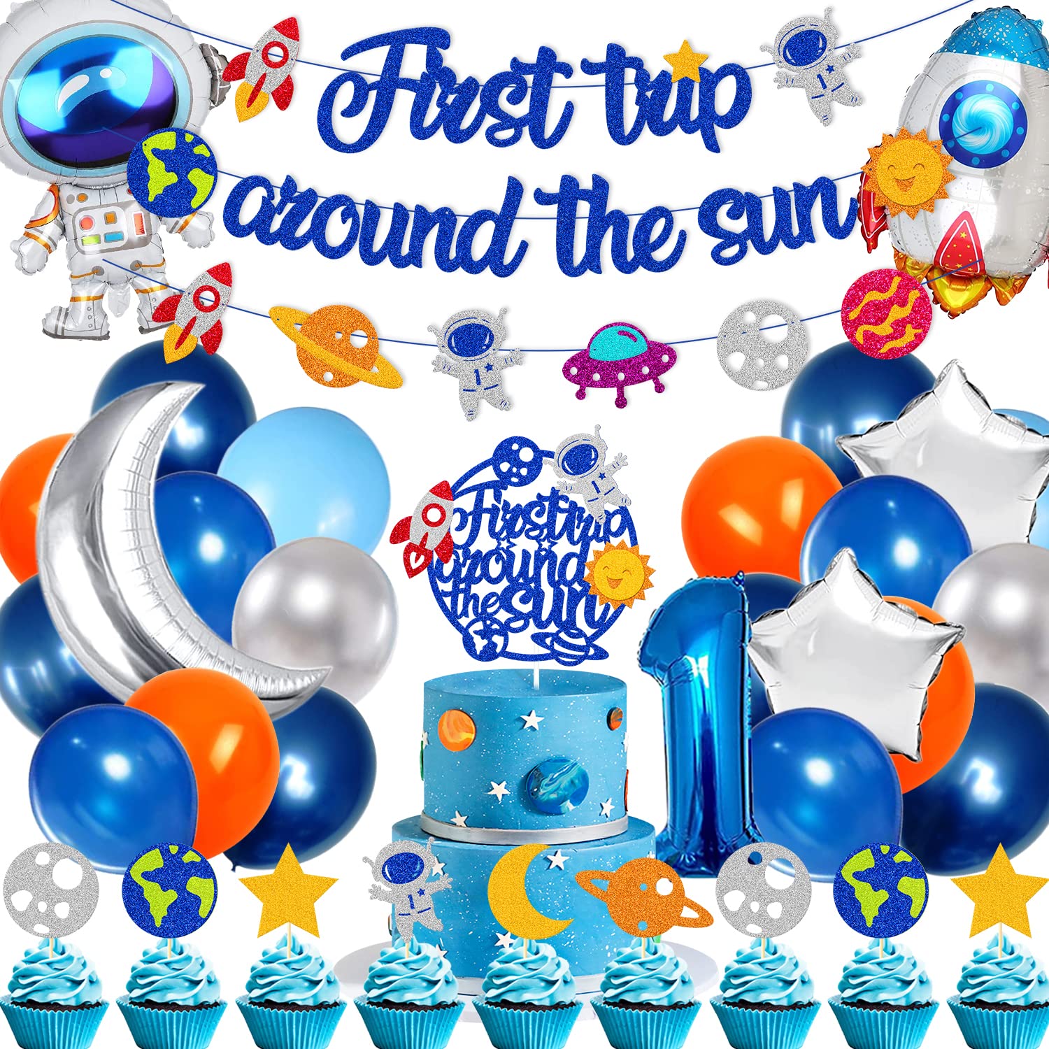 59 PCS First Trip Around The Sun Birthday Decoration First Outer Space Birthday Banner One Year Old Cake Topper Balloon Astronaut Universe Star Plant Rocket Solar System Theme Party Supplies