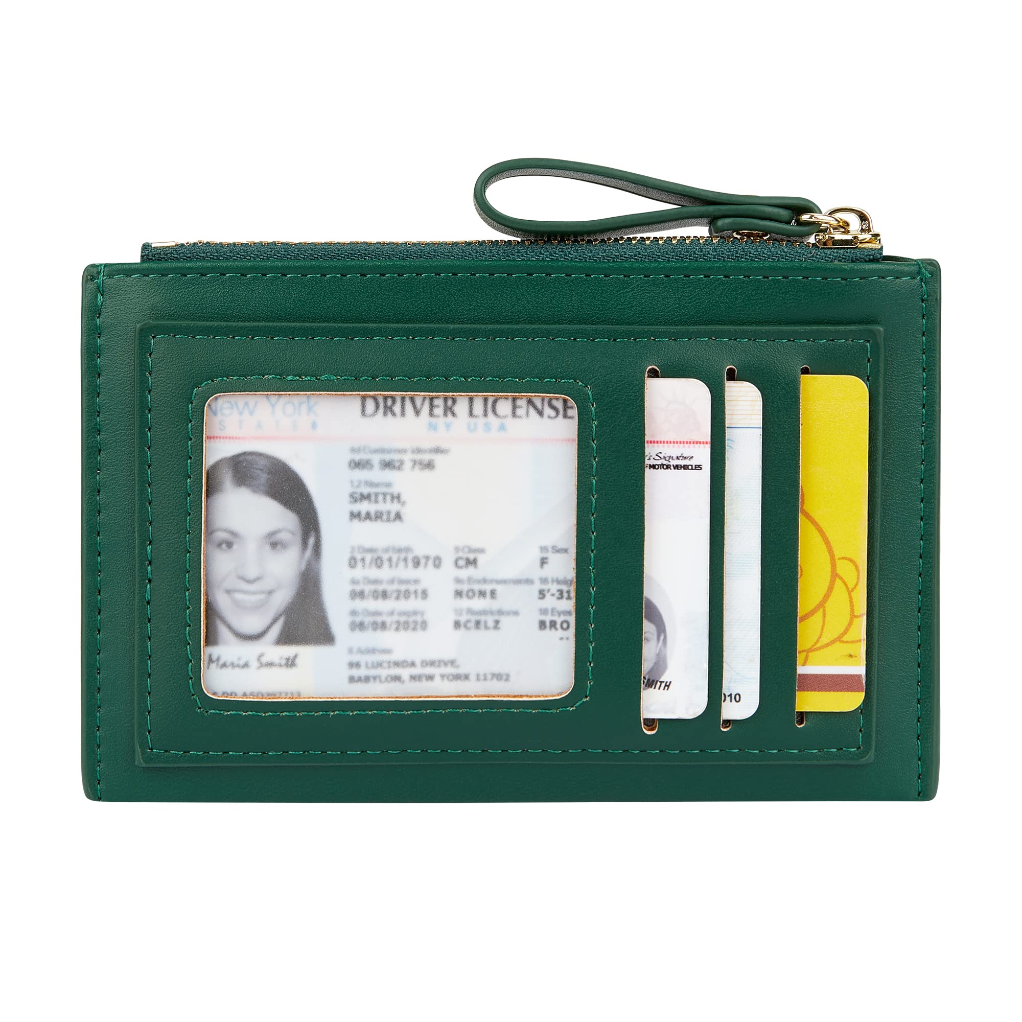 Women's Leather Slim Minimalist Card Holder Case Cute Small Zipper Coin Change Wallet, Green