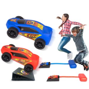 car rocket launcher for kids super catapult car racers, includes 2 cars, 2 stomp launchers, ramp, finish line, & decorating decals, car toys for boys & girls, adrenaline-pumping outdoor toys for kids