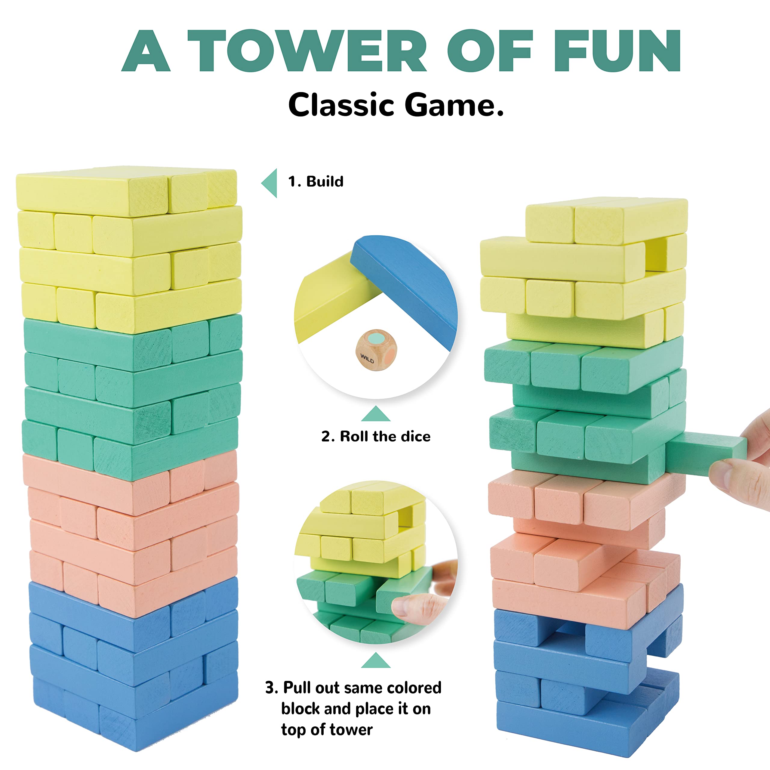 Evmark Toys & Games Tower Blox - 50 pcs Pastel Color Tumbling Blocks Game for Kids and Families, Colorful Dominoes, Wood Balancing Blocks Montessori Toy