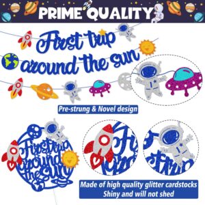 59 PCS First Trip Around The Sun Birthday Decoration First Outer Space Birthday Banner One Year Old Cake Topper Balloon Astronaut Universe Star Plant Rocket Solar System Theme Party Supplies