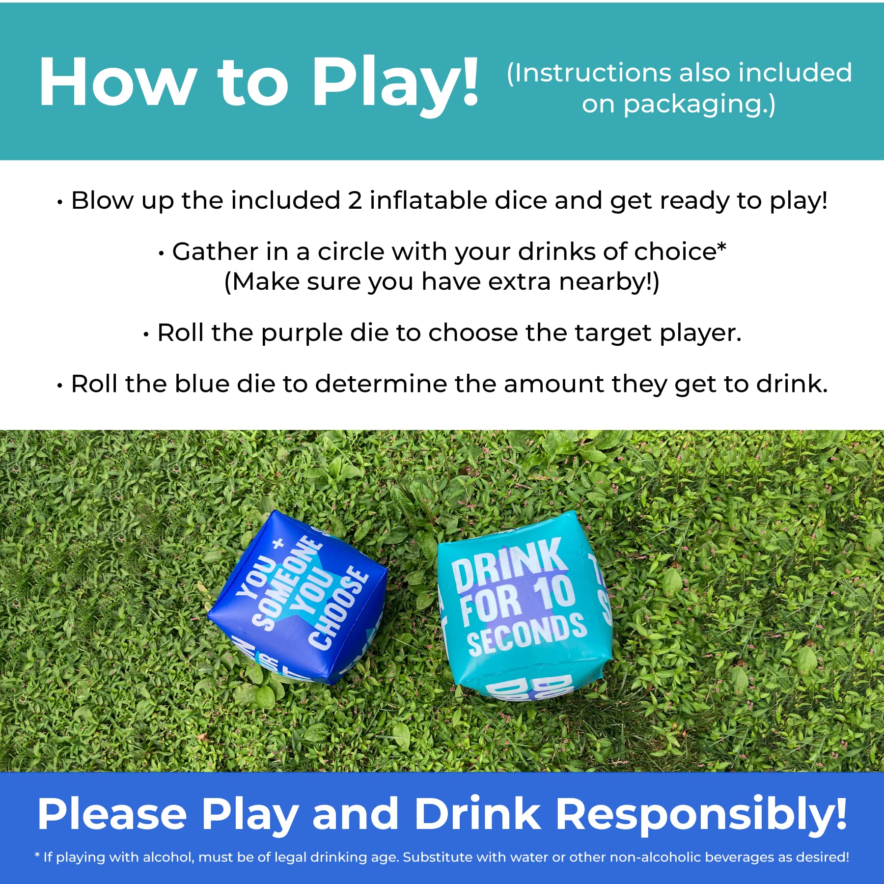 TMD Retail Giant Dice Drinking Game for Adults - Blow Up Dice PVC Inflatable and Reusable 2 Dice - 10" - Jumbo Dice for Indoor Outdoor Fun Games, Pool Parties, Lawn Floor Games