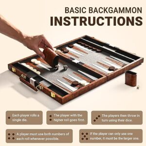 ropoda Backgammon Board Game Set (15 Inches) for Adults and Kids - Classic Board Strategy Game - Portable and Travel Backgammon Set with Premium Leather Case - Best Strategy & Tip Guide