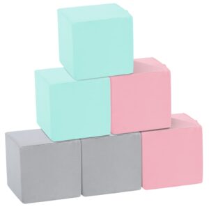 trendbox 6 pcs toddler foam blocks, 5.5inch soft foam cubes blocks with detachable washable cover, soft play blocks for toddlers and kid （light gray/pink/blue）…