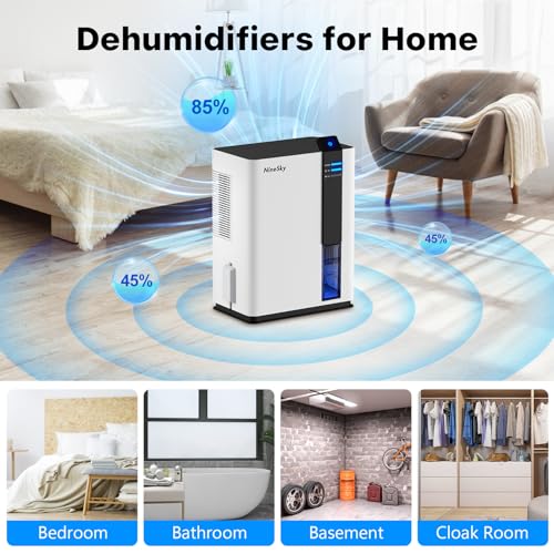 NineSky Dehumidifier, 98 OZ Dehumidifier for Home, (800 sq. ft.) Dehumidifiers for Bathroom, Bedroom with Auto Shut Off, 5 Colors LED Light(H2 White）