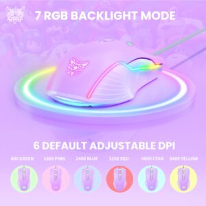 NEWSTYP Cute RGB 6400 DPI Wired Gaming Mouse Breathing LED Optical USB 7 Buttons Gamer Computer Pink Mice for Laptop PC Desktop (Purple)