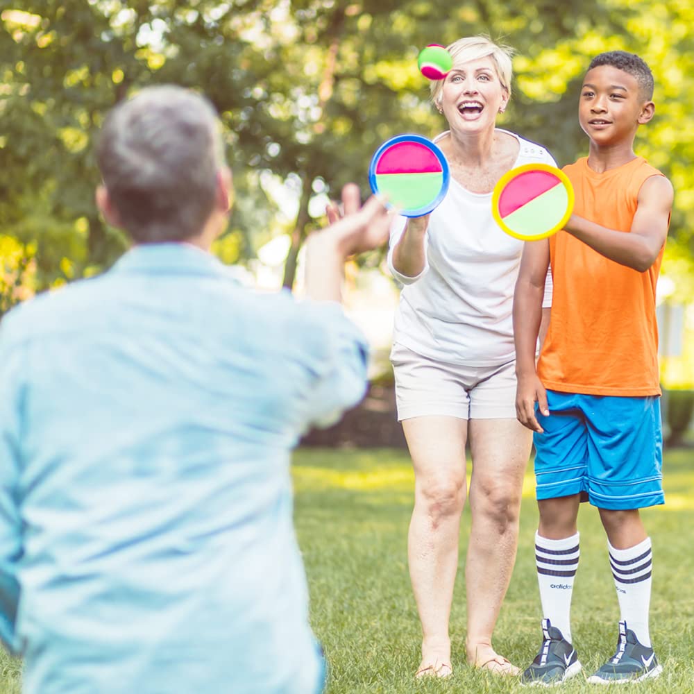 LoayBhok Toss and Catch Ball Set - Outdoor Games for Kids Beach Balls Toys Camping Game, Yard Games, Paddle Ball Outside Games for Family Kids Boys and Girls Gifts (6 Mitts & 3 Balls)