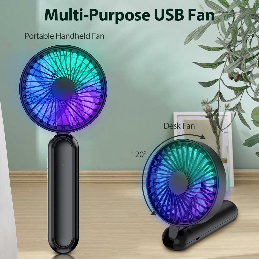 VersionTECH. Portable HandHeld Fan, Personal USB Hand Fans with RGB Color Light, 5 Speed Foldable Table Fan with Rechargeable Battery Operated for Travel Office Room (FA-8)