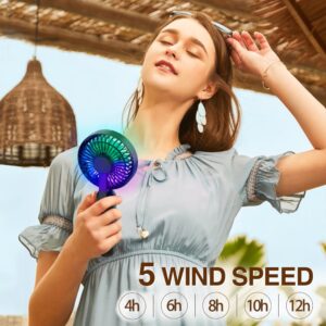 VersionTECH. Portable HandHeld Fan, Personal USB Hand Fans with RGB Color Light, 5 Speed Foldable Table Fan with Rechargeable Battery Operated for Travel Office Room (FA-8)