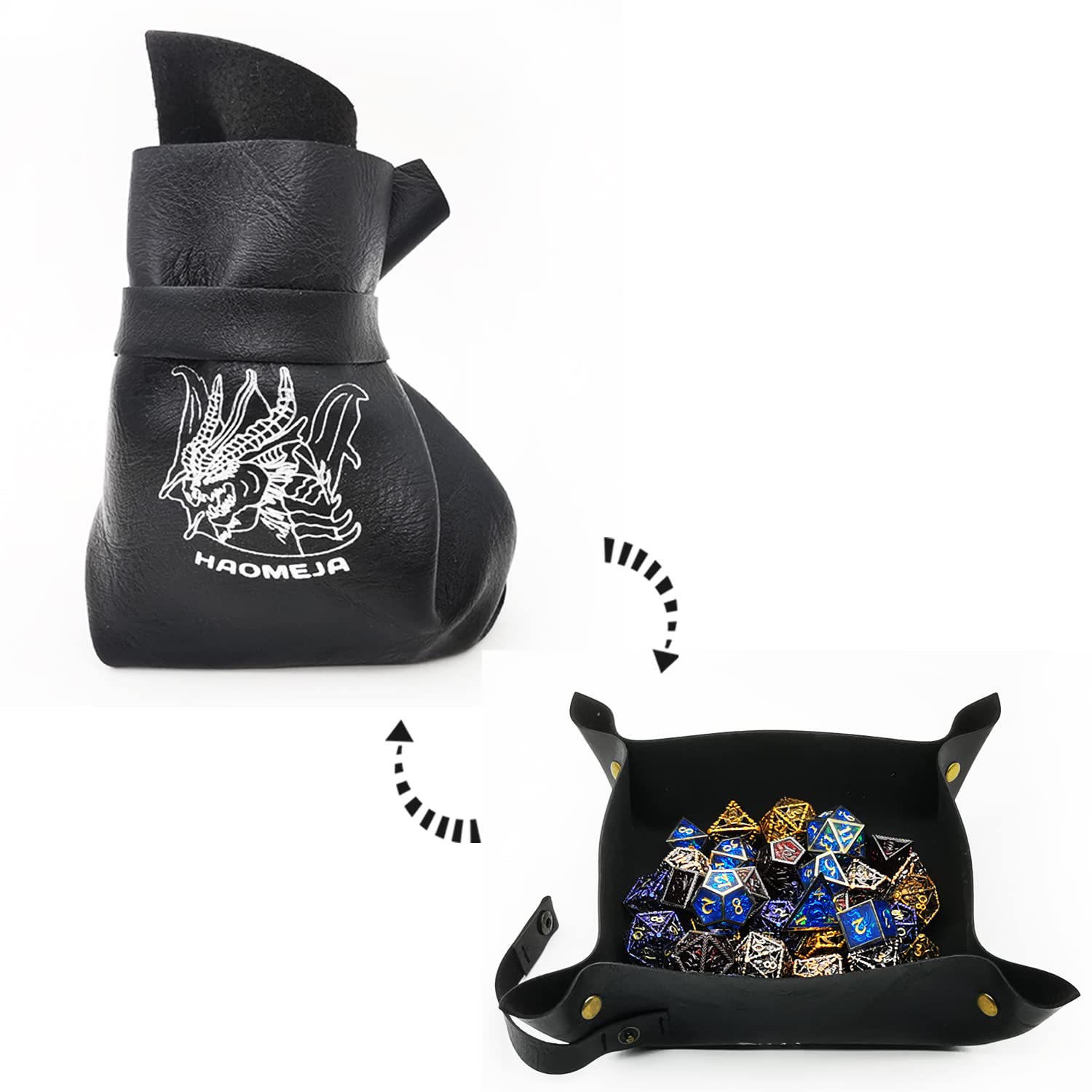 HAOMEJA DND Dice Tray Bag & Tray with Button Role Playing Dice Bag Leather dice Bag Jewelry Coin & Small Accessories Bag Storage Bag (Black)