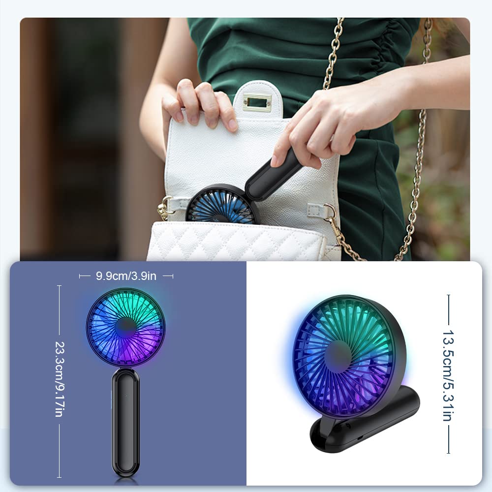 VersionTECH. Portable HandHeld Fan, Personal USB Hand Fans with RGB Color Light, 5 Speed Foldable Table Fan with Rechargeable Battery Operated for Travel Office Room (FA-8)