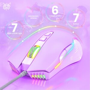 NEWSTYP Cute RGB 6400 DPI Wired Gaming Mouse Breathing LED Optical USB 7 Buttons Gamer Computer Pink Mice for Laptop PC Desktop (Purple)