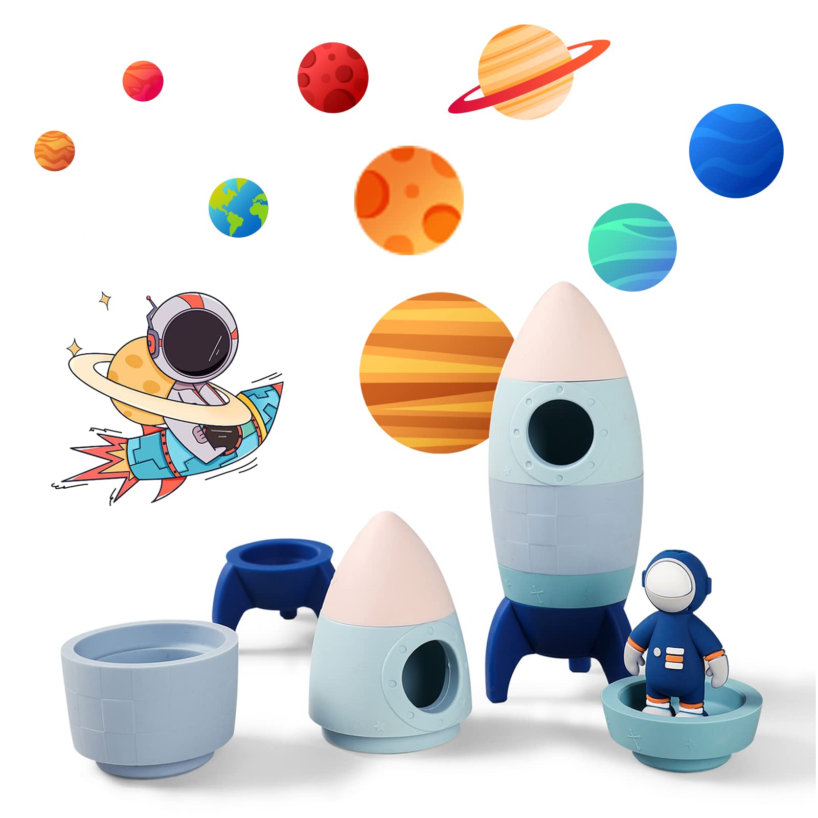 Macabaka Silicone Rocket Toy Set, 5 Pack Baby Stacking Toys with U-Shaped Astronaut Toy, Montessori Pre-School Astronaut Toy, Food Grade Silicone Stacking Rocket Toy for Toddlers 1-3, Astronaut