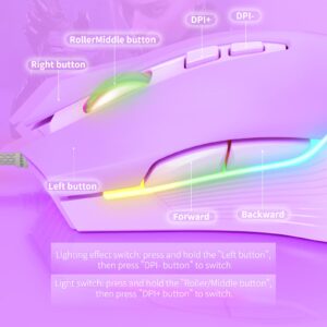 NEWSTYP Cute RGB 6400 DPI Wired Gaming Mouse Breathing LED Optical USB 7 Buttons Gamer Computer Pink Mice for Laptop PC Desktop (Purple)