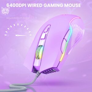 NEWSTYP Cute RGB 6400 DPI Wired Gaming Mouse Breathing LED Optical USB 7 Buttons Gamer Computer Pink Mice for Laptop PC Desktop (Purple)