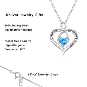 Ursilver Love Heart Aquamarine Birthstone Necklace - S925 Sterling Silver Birthstone Necklace March Birthstone Necklace Christmas Gifts Mothers Day Gifts Jewelry Gifts for Women Mom Wife Grandma