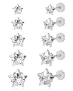 daili 5 pairs cubic zirconia earrings studs: silver flat back stud earrings for women hypoallergenic surgical stainless steel star cz stud earrings for helix cartilage 3-8mm