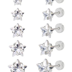 DAILI 5 Pairs Cubic Zirconia Earrings Studs: Silver Flat Back Stud Earrings for Women Hypoallergenic Surgical Stainless Steel Star CZ Stud Earrings for Helix Cartilage 3-8mm