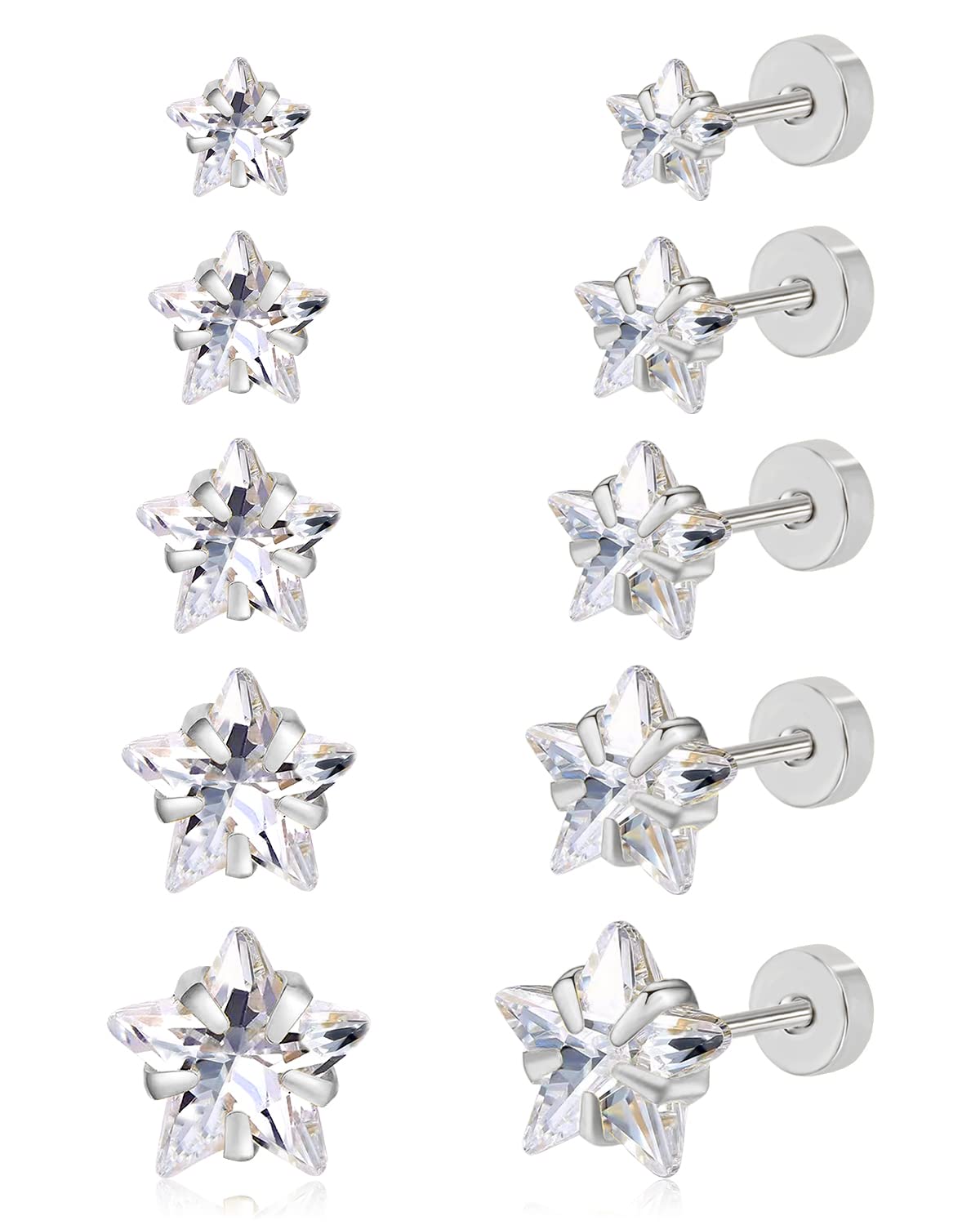 DAILI 5 Pairs Cubic Zirconia Earrings Studs: Silver Flat Back Stud Earrings for Women Hypoallergenic Surgical Stainless Steel Star CZ Stud Earrings for Helix Cartilage 3-8mm