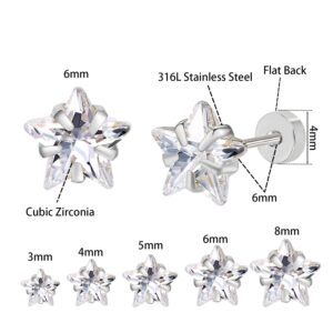 DAILI 5 Pairs Cubic Zirconia Earrings Studs: Silver Flat Back Stud Earrings for Women Hypoallergenic Surgical Stainless Steel Star CZ Stud Earrings for Helix Cartilage 3-8mm