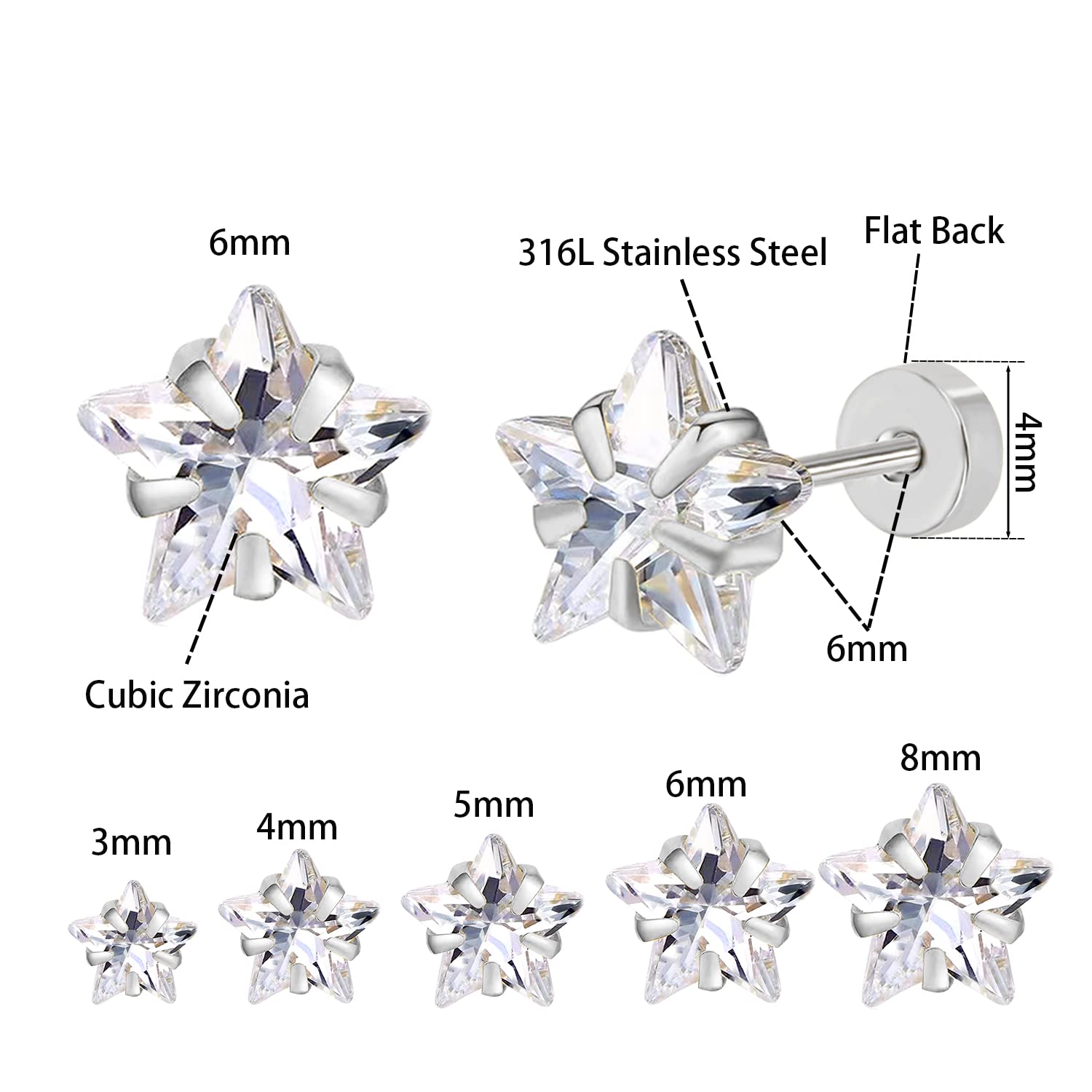 DAILI 5 Pairs Cubic Zirconia Earrings Studs: Silver Flat Back Stud Earrings for Women Hypoallergenic Surgical Stainless Steel Star CZ Stud Earrings for Helix Cartilage 3-8mm