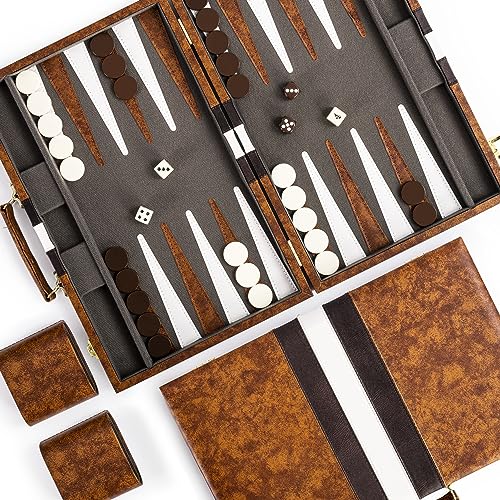 ropoda Backgammon Board Game Set (15 Inches) for Adults and Kids - Classic Board Strategy Game - Portable and Travel Backgammon Set with Premium Leather Case - Best Strategy & Tip Guide