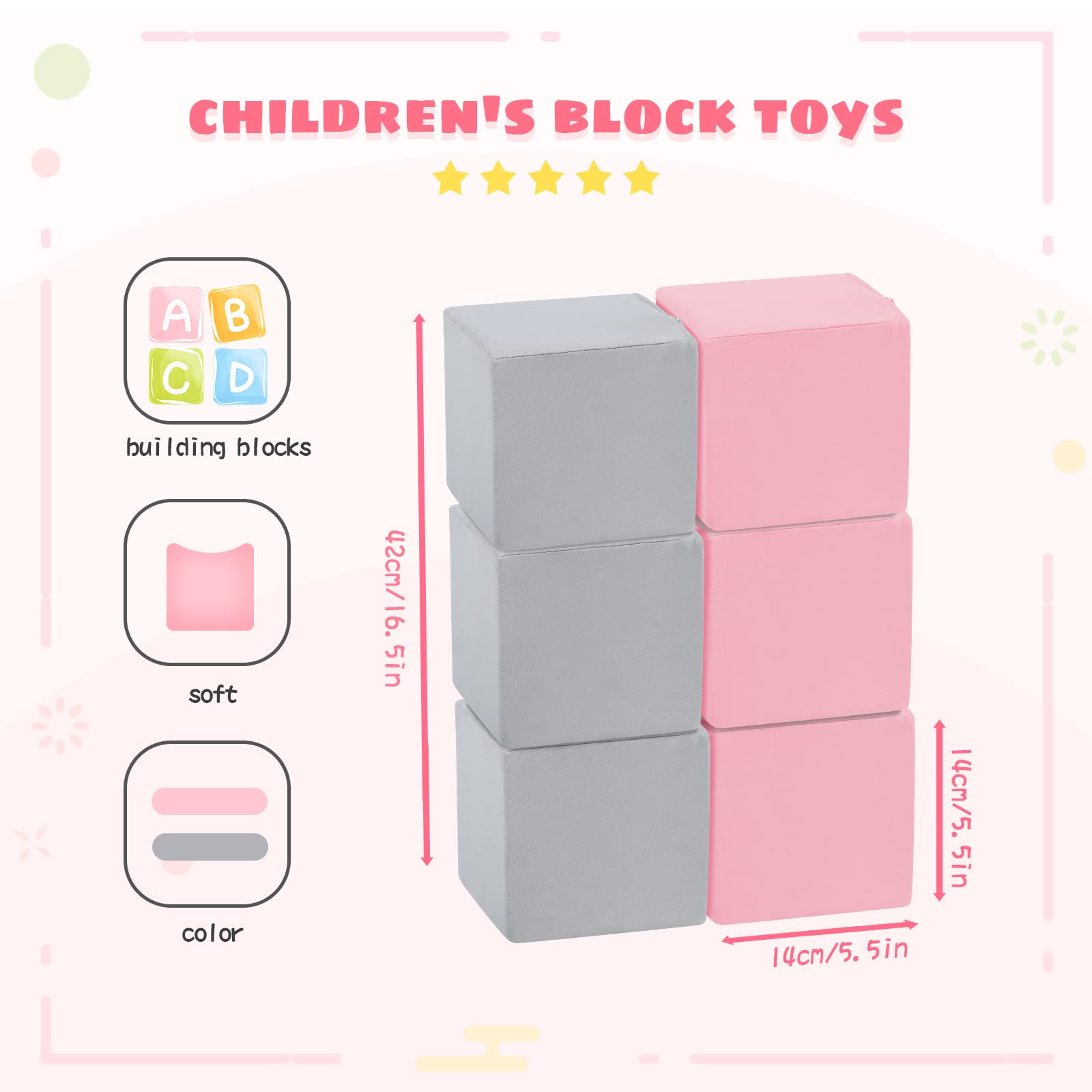 TRENDBOX 6 Pcs Toddler Foam Blocks, 5.5inch Soft Foam Cubes Blocks with Detachable Washable Cover, Soft Play Blocks for Toddlers and Kid （Light Gray/Pink）…