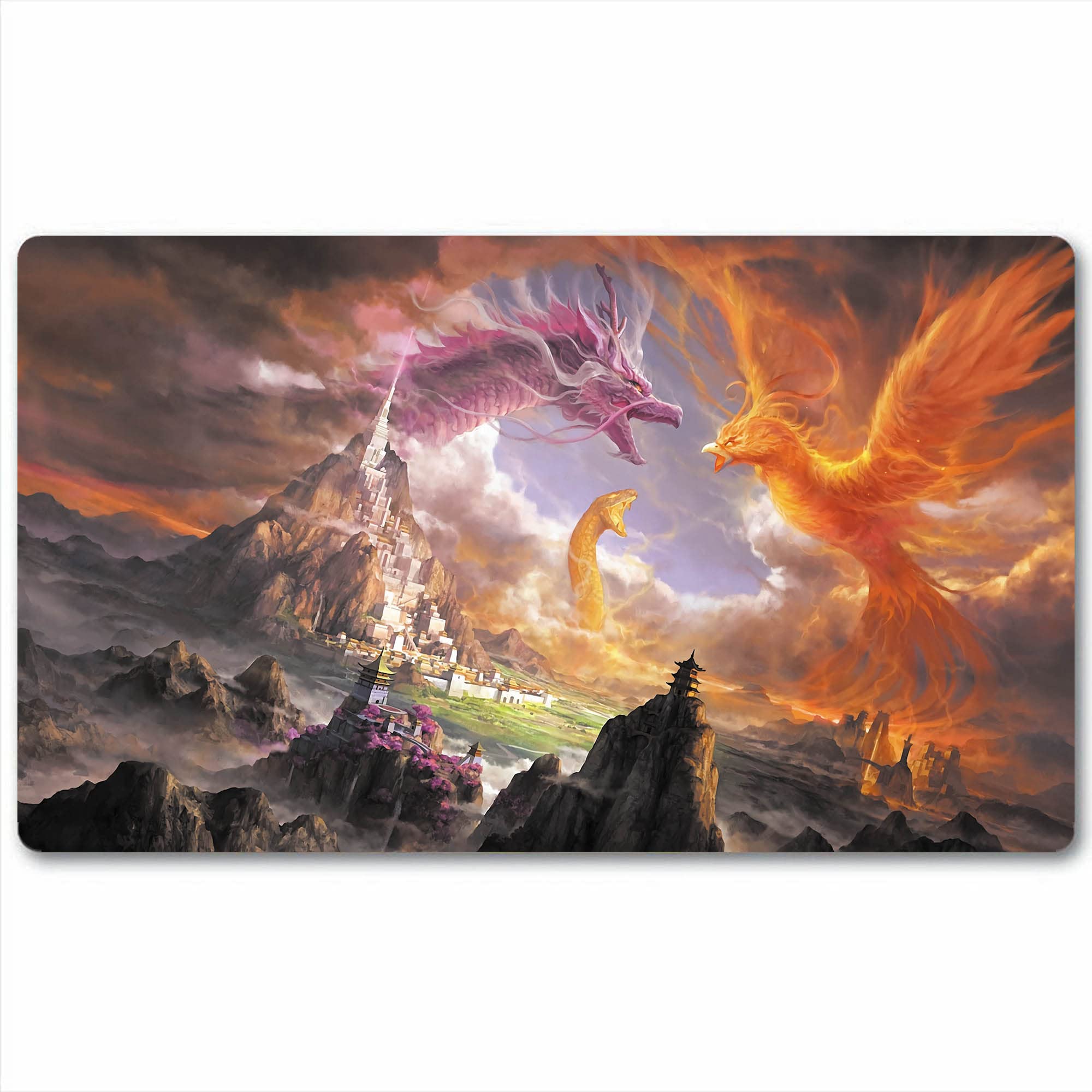 Board Game TCG Playmat Tabletop Card Playmat MTG RPG CCG Trading Card Game Play mats Smooth Cloth Surface Rubber Base with Stitched Edges Original Play Mat Art Designs 24X14inch-dragon Phoenix Snake