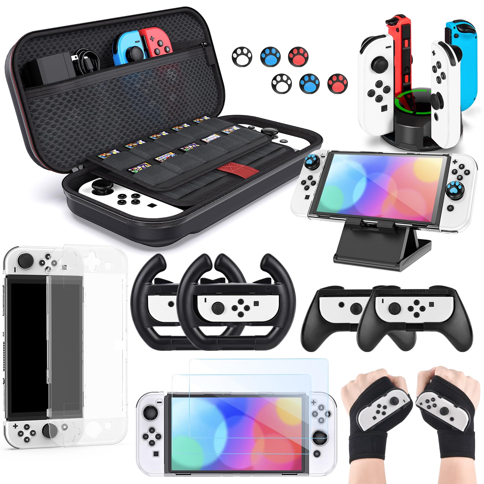 Switch OLED Accessories Bundle, innoAura 20 in 1 Switch OLED Accessories Kit Include Wrist Straps, Switch Carry Case, J-con Charging Dock, J-con Grips & Racing Wheels